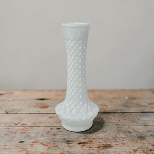 Vintage MCM White Randall Milk Glass Diamond Quilted Pattern Flower Bud Vase 9"